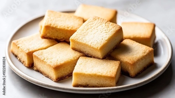 Fototapeta A plate of square shortbread cookies with a golden brown crust. The cookies are stacked neatly on a white plate, showcasing their crumbly texture.