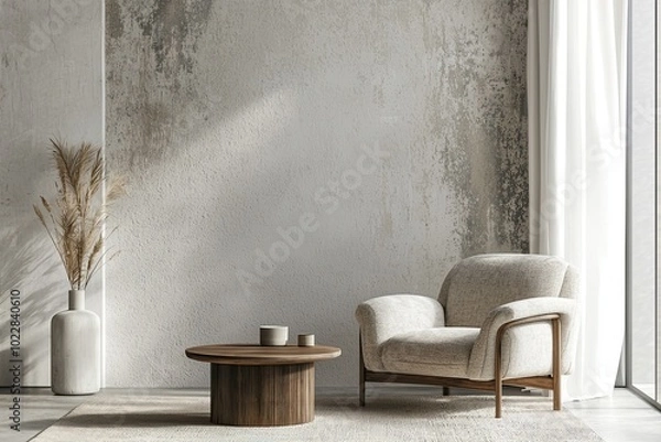 Fototapeta modern living room with an armchair and coffee table against the background of a blank wall for mockups, a minimalistic interior design concept. Web banner with copy space