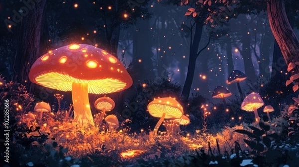 Fototapeta Glowing Mushrooms in Enchanted Forest