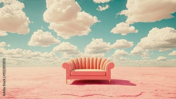 Fototapeta One-color luxury armchair floating against a bright sky full of white clouds. A 3D rendering blending comfort and dreaminess.