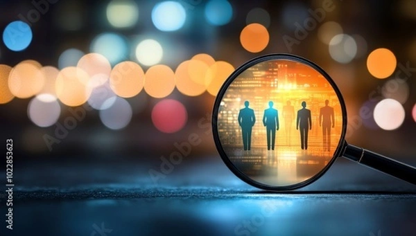 Fototapeta A Magnifying Glass Over Digital Human Figures, Representing the Process of Interview Selection for a More Focused View on One Figure with Blurred Images Behind It