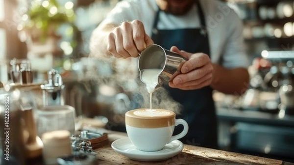 Fototapeta A barista expertly pours steamed milk into a cup of coffee, creating intricate foam art. The scene is vibrant with warmth and hospitality, capturing craftmanship.
