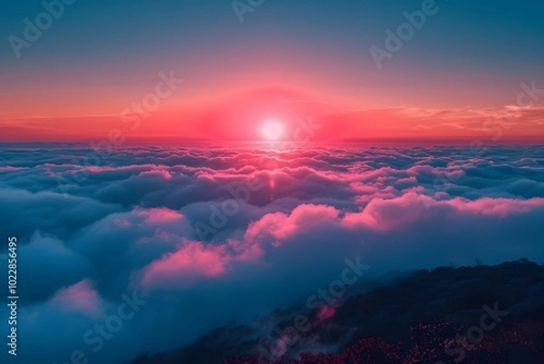 Obraz Breathtaking Sunrise Above the Clouds - Tranquil Pink and Blue Sky Landscape