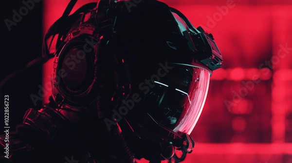 Fototapeta A dramatic scene featuring a futuristic soldier standing in the shadows of a night setting, clad in advanced tactical gear and a sleek helmet.