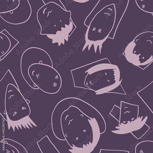 Fototapeta Seamless background with funny faces of anthropomorphic creatures. Humorous characters with different emotions
