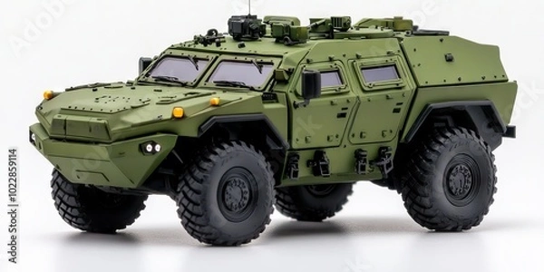 Fototapeta A Highly Detailed and Realistic Photograph of an Advanced Military Armored Vehicle with Large Wheels, a Green Paint Color, and a Modern Weapons System Against a White Background