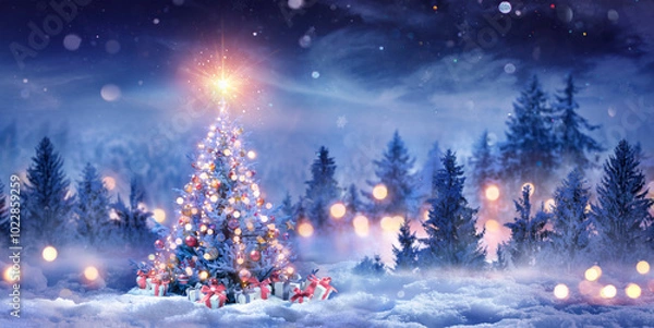 Obraz Christmas Tree On Snow At Night With Shiny Star And Gift Boxes In Winter Forest - Winter Abstract Landscape