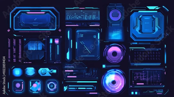 Obraz A comprehensive collection of blue futuristic graphic elements designed for a cyber interface theme. 