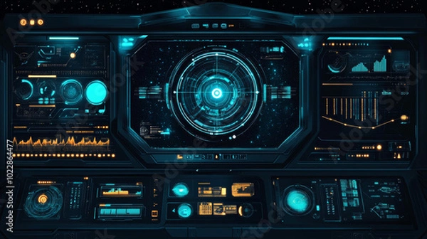Fototapeta A visually captivating illustration showcasing a spaceship interface filled with intricate digital technology elements.
