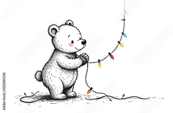 Fototapeta Coloring page, a cute little bear stands and holds a colorful Christmas garland of light bulbs in his hands. Linear black and white drawing on a white background