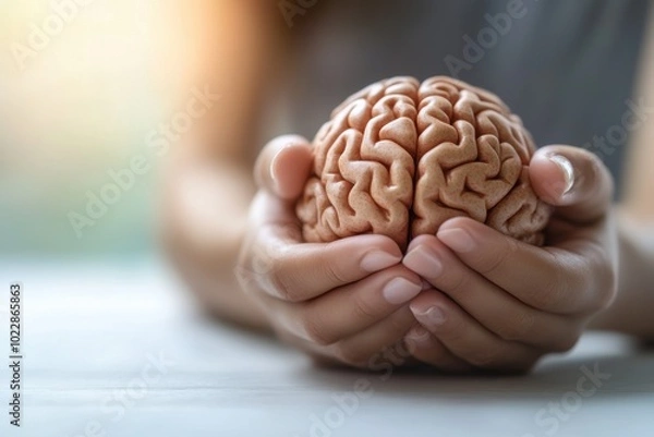 Fototapeta Close-up of hands gently squeezing a realistic brain model, symbolizing mental health awareness