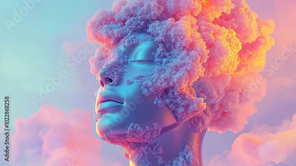 Fototapeta A mesmerizing 3D illustration depicting a human head enveloped in colorful fractal clouds, representing the themes of art, psychology, creativity, imagination, and dreams.
