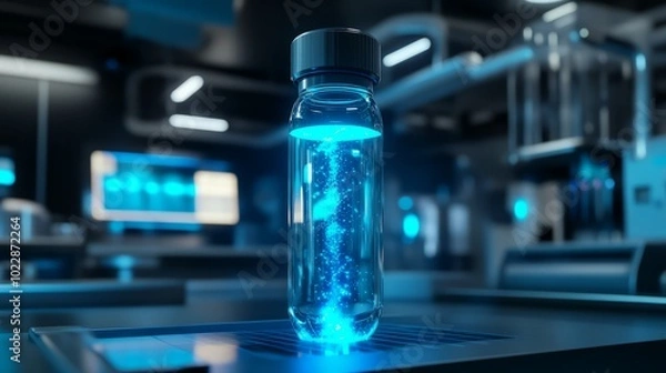 Fototapeta Blue Vial of Potential: A glowing blue vial containing a swirling substance rests on a futuristic lab table, bathed in the soft blue light of advanced technology.