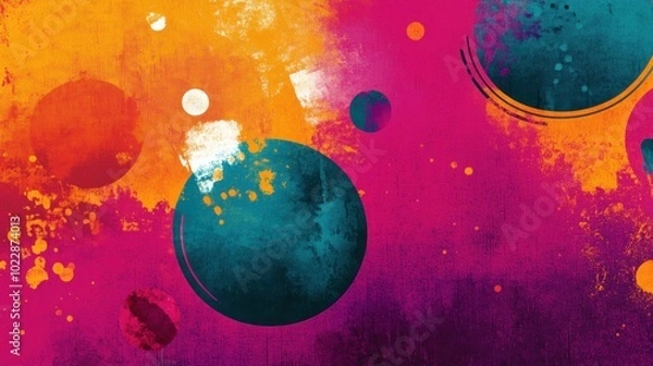 Fototapeta A vibrant abstract design featuring colorful circles and splashes on a textured background.