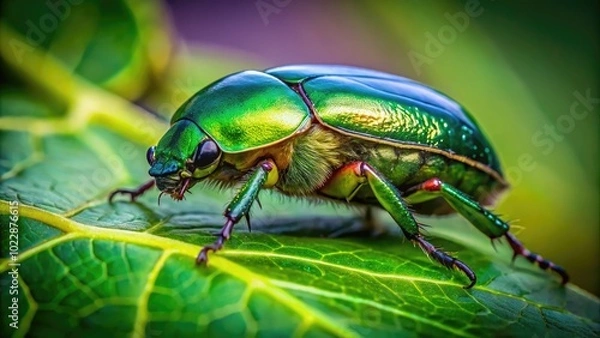 Fototapeta Vibrant Green Scarab Beetle Crawling on Leaf in Natural Habitat with Soft Focus Background
