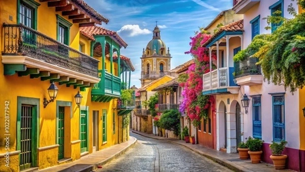 Obraz Vibrant Historic Architecture and Colorful Streets of Cartagena, Colombia Under Bright Blue Skies