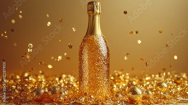Obraz champagne bottle on festive background with golden confetti scattered around