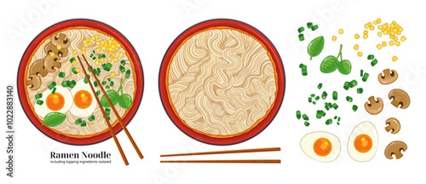 Fototapeta Ramen noodles Japanese or Korean traditional food. Bowl of ramen soup with chopsticks top view vector illustration. Asian noodles, eggs, mushrooms, corn, onion, basil leaves. Oriental dish isolated.
