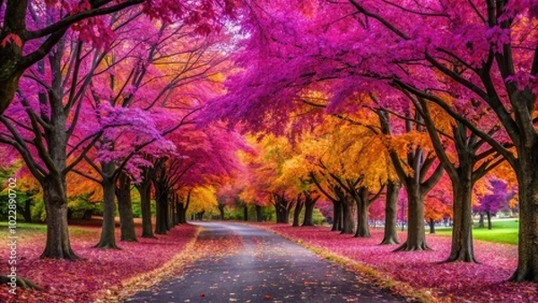 Fototapeta Vibrant Purple Leaf Trees in Nature: A Stunning Display of Colorful Foliage During Autumn Season