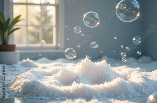 Fototapeta background with soap bubbles and foam with rays of sunlight