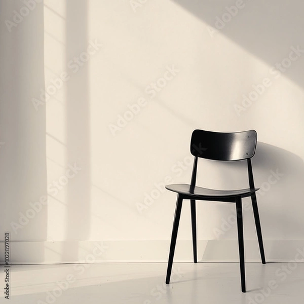 Fototapeta Minimalist black chair against a plain white wall, casting a soft shadow Focus on contrast between the dark chair and the bright background