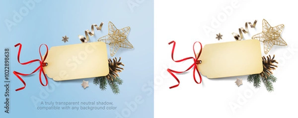 Fototapeta Christmas greeting card and Christmas decorations composition on transparent background. Flat lay, top view. Real transparent neutral shadow