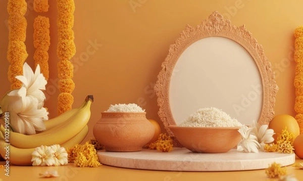 Fototapeta 3D podium with a round background, an Indian traditional pot, and coconut fruits on the side of it, on a brown color background