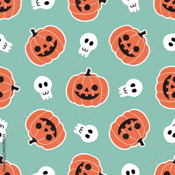 Fototapeta Halloween pattern with smiling jack-o'-lantern pumpkins and cute skulls on teal background. Fun Halloween design for holiday decorations, wrapping paper. Retro vector seamless pattern for Halloween.