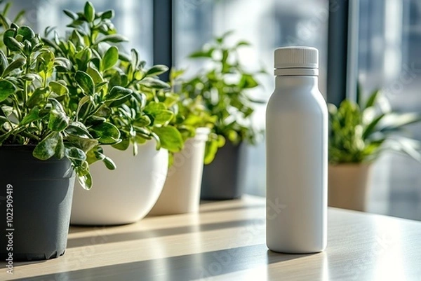 Fototapeta A reusable water bottle next to potted plants, soft light, environmentally-conscious office setting.