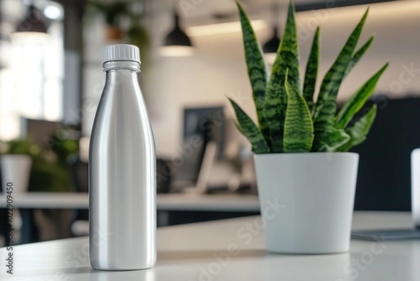 Fototapeta A reusable water bottle next to potted plants, soft light, environmentally-conscious office setting.