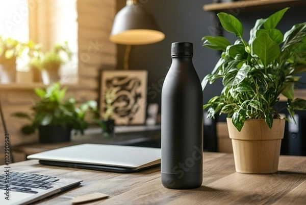 Fototapeta A reusable water bottle next to potted plants, soft light, environmentally-conscious office setting.