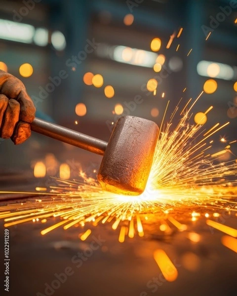 Fototapeta Metalworker using hammer, sparks fly