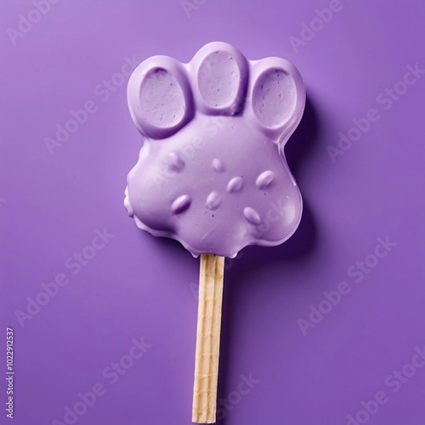 Fototapeta Ice cream on a stick in the shape of a paw print on a purple monochrome background