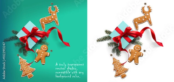 Obraz Christmas composition on a transparent background with a gift box, with red ribbon, fir branches, Christmas homemade cookies, real transparent neutral shadow. copy space for the design 