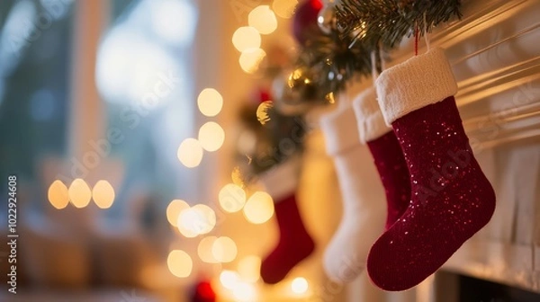 Obraz Festive fireplace scene with a christmas stocking hung in anticipation of holiday cheer