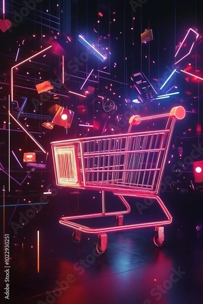 Fototapeta Neon shopping cart in futuristic setting with floating elements