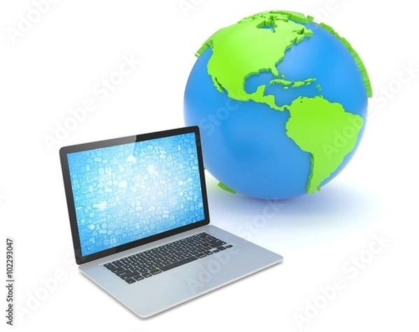 Fototapeta Laptop network and earth globe. 3d render