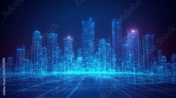 Fototapeta A futuristic digital city skyline composed of glowing blue lines against a dark background. (1)
