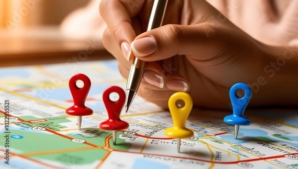 Fototapeta Colorful pins on a city map while assessing real estate investment