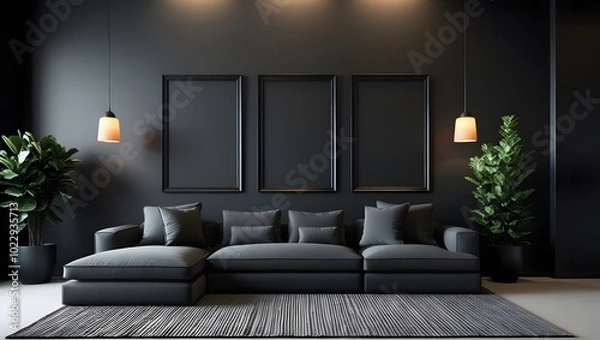 Fototapeta Living room with sofa interior with three empty frame on the wall