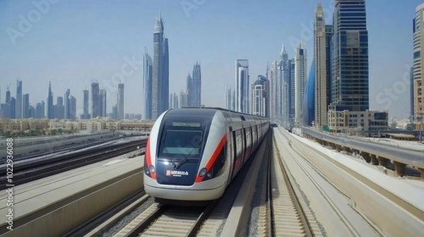 Obraz A modern train travels on an elevated track in a city with tall buildings.