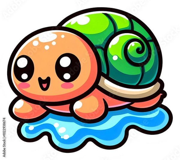 Fototapeta Cute cartoon turtle with green shell on transparent background
