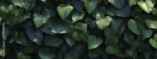 Fototapeta A dense wall of green ivy leaves, captured in high resolution for an enchanting and realistic wallpaper