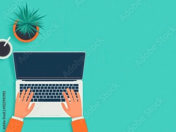 Fototapeta Flat design cartoon of a student typing notes on a laptop for distance learning, medium shot, isolated background, simple.