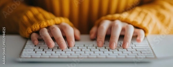 Fototapeta Close-up photography of a student's hands on a keyboard for distance learning, isolated background, clean design.