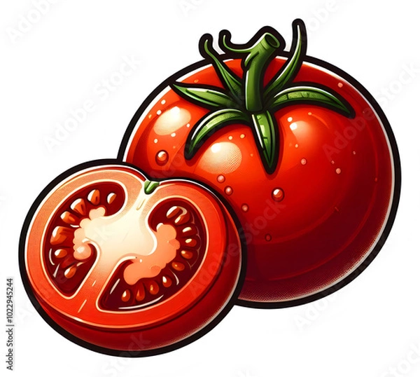 Fototapeta Vibrant cartoon style illustration of whole and sliced tomato
