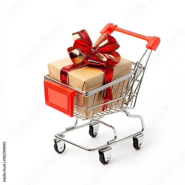 Fototapeta Gift box with a bow inside a shopping cart, white background, festive theme