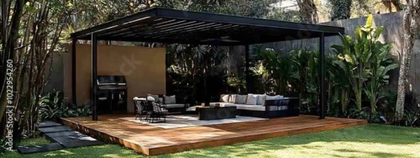Fototapeta A modern black metal garden canopy with seating, situated in the middle of a lawn, features a minimalistic design
