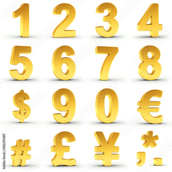 Fototapeta Set of golden numbers and currency symbols over white background with clipping path for each item for fast and accurate isolation.