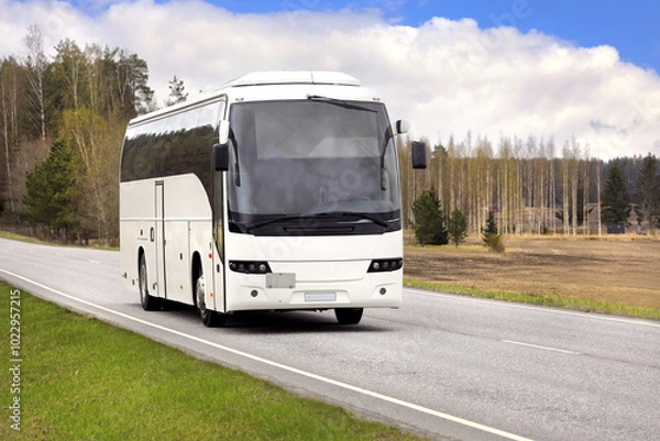 Obraz White coach bus transports passengers along highway on a beautiful day of spring.